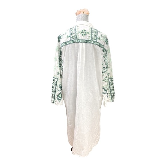 Zara Womens Lg White Green Embroidered Tunic Collared Shirt Dress Boho Cover Up - Picture 8 of 15